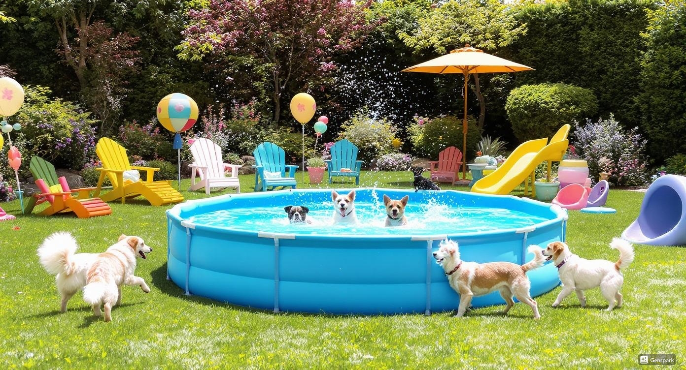 Pets playing in a garden and pool